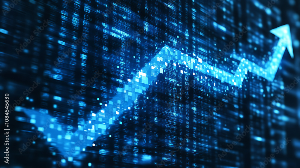 Aufkleber blue arrow pointing to the right on digital background, symbolizing growth and progress in technolog
