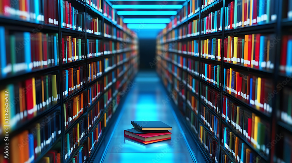 Poster Books transition into the digital domain, stored within computers, symbolizing the evolution of libraries in the digital age
