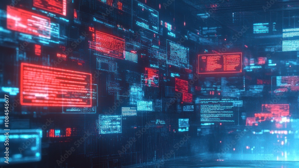 Poster a futuristic digital environment with glowing data streams and holographic displays.