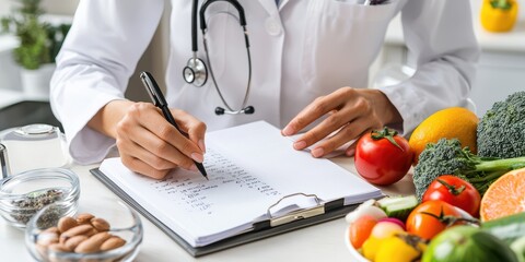 Dietitian writing healthy meal plan kitchen close-up vibrant food environment professional viewpoint nutrition concept for wellness