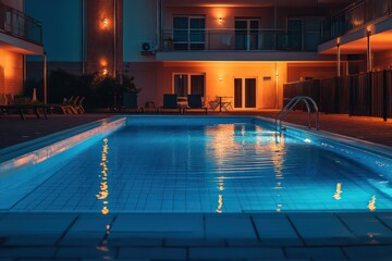 a modern swimming pool of an apartment building, with ambient lighting