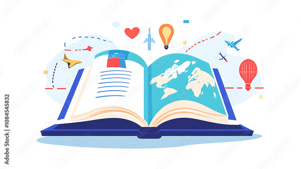 Poster an open book featuring landmarks illustrates the theme of global travel and road trips, with a moder