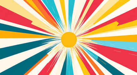 Colorful rays burst from a central yellow circle creating a dynamic and energetic sunburst effect