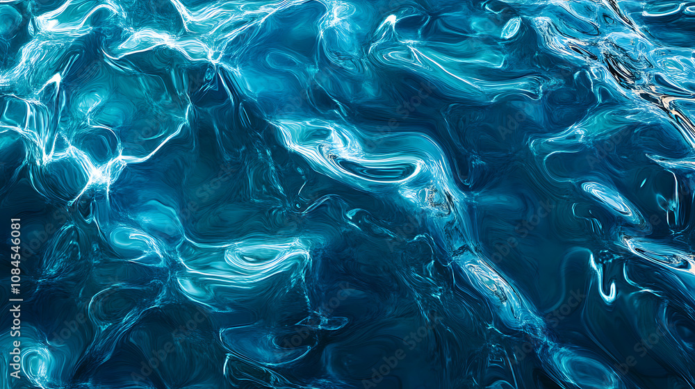 Poster A dark blue and turquoise background with flowing lines of water, creating an abstract pattern The colors blend seamlessly to create a sense of movement and fluidity