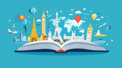 An open book featuring landmarks illustrates the theme of global travel and road trips, with a modern flat design inviting viewers to explore the world