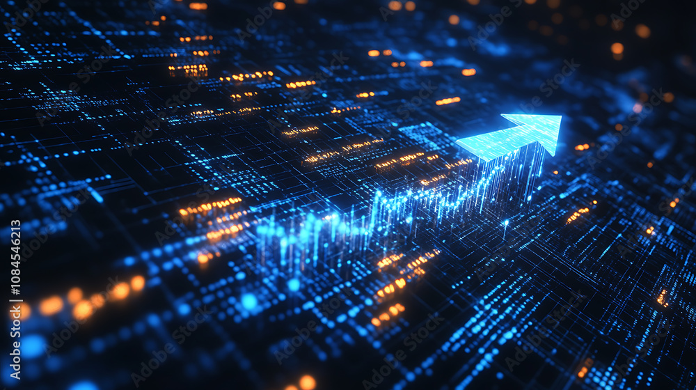 Poster Blue arrow pointing to the right on digital background, symbolizing growth and progress in technology or business