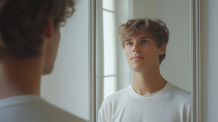 A young man looking at himself in a mirror. He's light-skinned with light brown hair