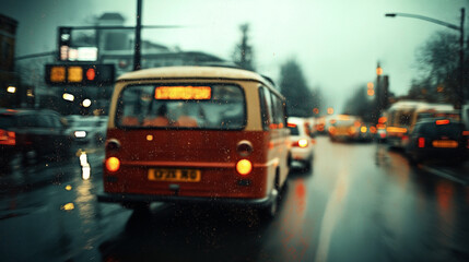 Fototapeta premium Blurry urban street scene with vintage bus and cars in rainy weather; wet road reflecting warm lights and droplets on window emphasize overcast atmosphere.
