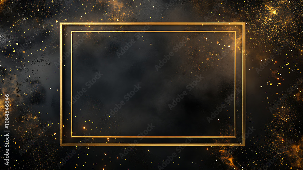 Poster A large gold rectangular frame on the right side of an empty black background with golden decorative elements
