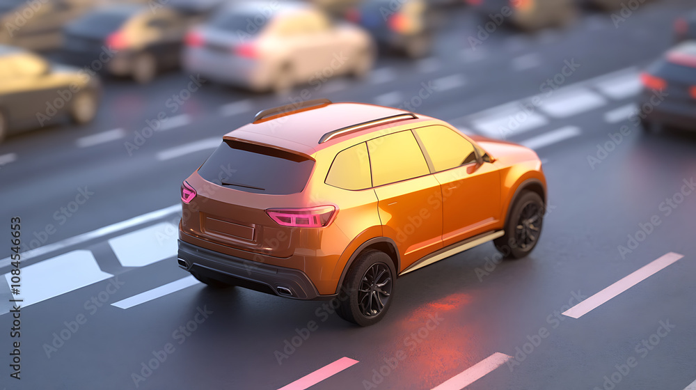 Poster A 3D rendering shows an autonomous SUV performing parallel parking on a roadside with left-hand traffic, demonstrating an intelligent parking assist system