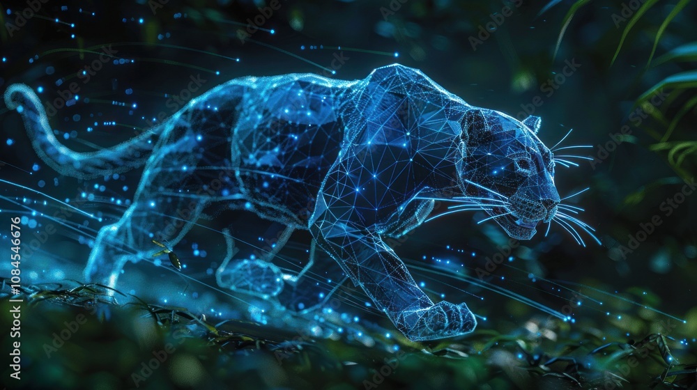 Poster a digital illustration of a panther walking through a lush forest with glowing lines and particles.
