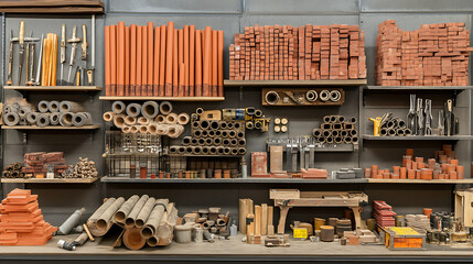 A display of various building and industrial supplies, including bricks, wood, and pipes, arranged for sale at a hardware store