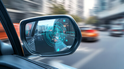 A blind zone monitoring sensor on a car's side mirror is detailed, illustrating the technology for detecting objects in the vehicle's blind spots