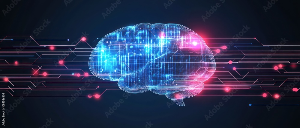 Poster a digital representation of a brain with glowing circuits, symbolizing technology and intelligence.