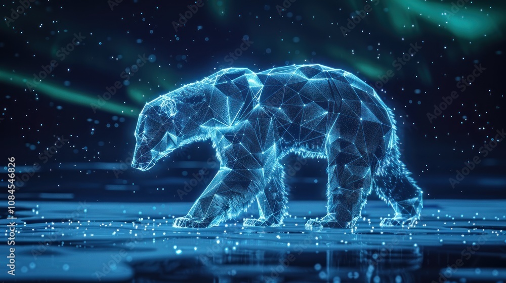 Poster a digital rendering of a polar bear, rendered in a polygonal style, walking on ice in front of a sta
