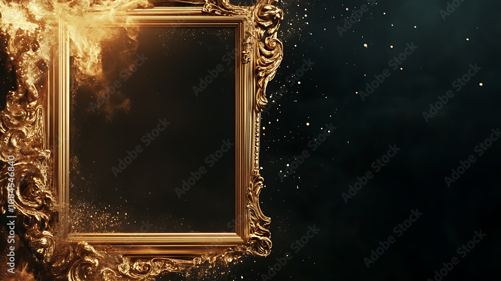 Poster a large gold rectangular frame on the right side of an empty black background with golden decorative