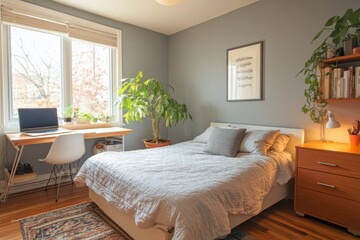 Cozy bedroom with decorative elements and natural light from windows in a tranquil setting