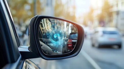 A blind zone monitoring sensor on a car's side mirror is detailed, illustrating the technology for detecting objects in the vehicle's blind spots