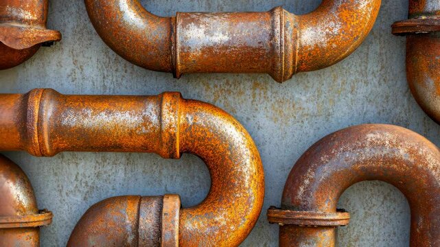 Close-up view of several rusty iron pipes of varying sizes and shapes, tightly arranged