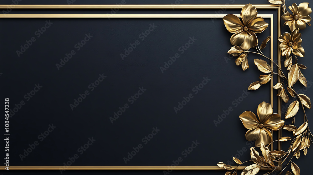 Aufkleber A large gold rectangular frame on the right side of an empty black background with golden decorative elements
