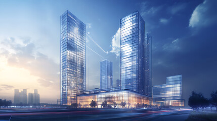 Digital blueprints of modern buildings and skyscrapers, showcasing the integration of technology in architectural design