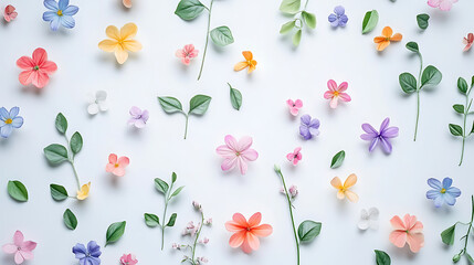 Fototapeta premium Colorful pastel cute tiny spring flowers and leaves pattern, white background, cute pastel colors