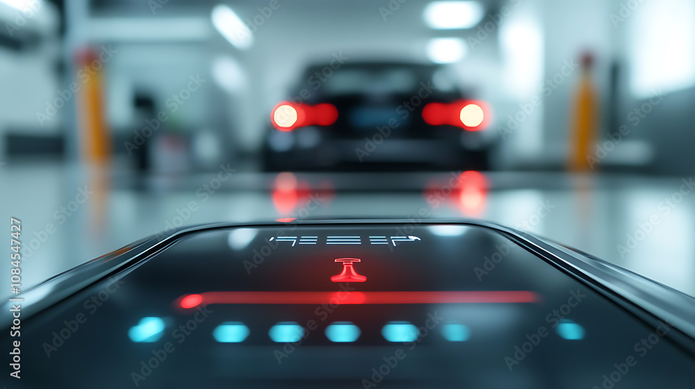 Poster a digital display of a car parking sensor is part of an electronic collection, focusing on modern au