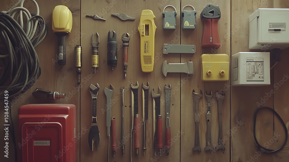 Poster a collection of electrician's tools is neatly spread out on a wooden surface for easy access