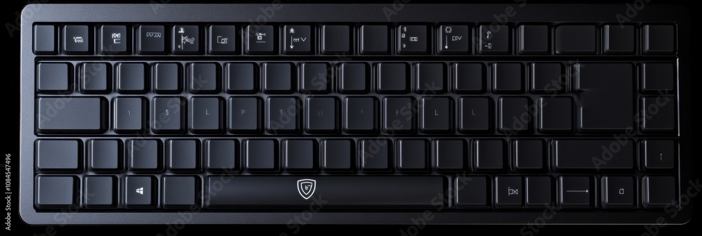 Aufkleber this black keyboard features a shield icon, symbolizing strong cybersecurity measures in a professio