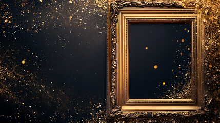 A large gold rectangular frame on the right side of an empty black background with golden decorative elements
