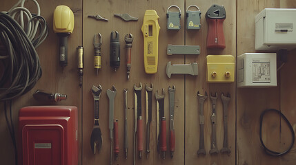 A collection of electrician's tools is neatly spread out on a wooden surface for easy access