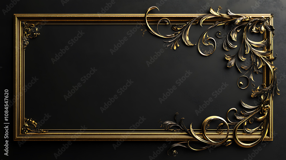 Aufkleber a large gold rectangular frame on the right side of an empty black background with golden decorative
