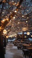 Obraz premium Twinkling fairy lights hanging from tree branches during twilight in a serene park setting