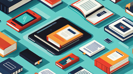 Digital libraries and online bookstores are envisioned in a flat design, illustrating the shift towards e-reading and internet-based education