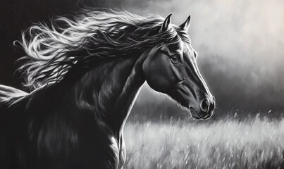 A horse with a long mane and tail is running through a field