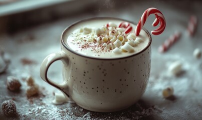 A white mug with marshmallows and a red and white cane