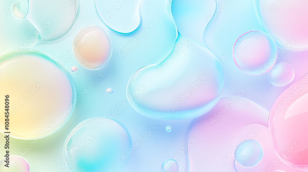 Poster a background with a soft blue gradient, filled with pastel colored bubbles of various sizes