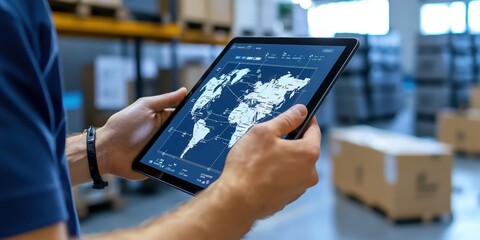 Logistics manager tracking shipments with tablet in warehouse environment digital mapping and supply chain management
