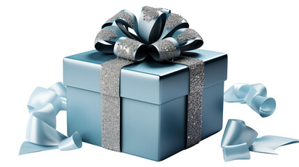 A luxurious blue gift box with a shimmering silver ribbon, ideal for gifting, isolated on transparent background.