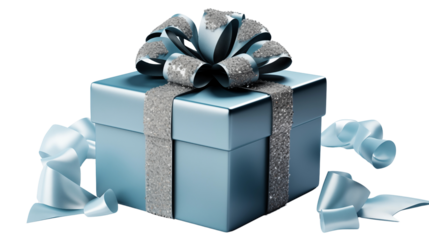 A luxurious blue gift box with a shimmering silver ribbon, ideal for gifting, isolated on transparent background.