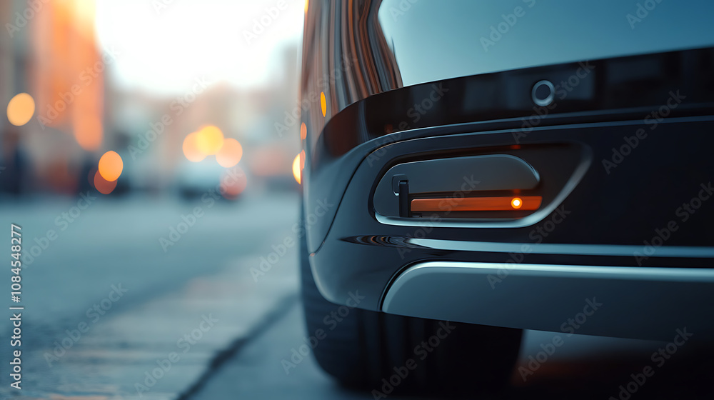 Poster a rear car bumper is fitted with a parking sensor, focused in a light blurred background