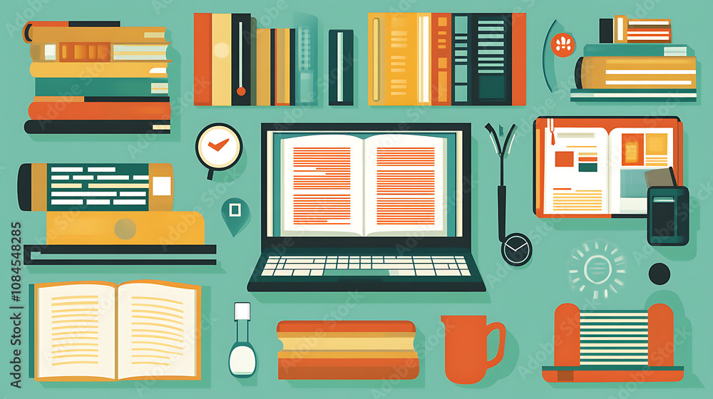 Leinwandbilder digital libraries and online bookstores are envisioned in a flat design, illustrating the shift towa