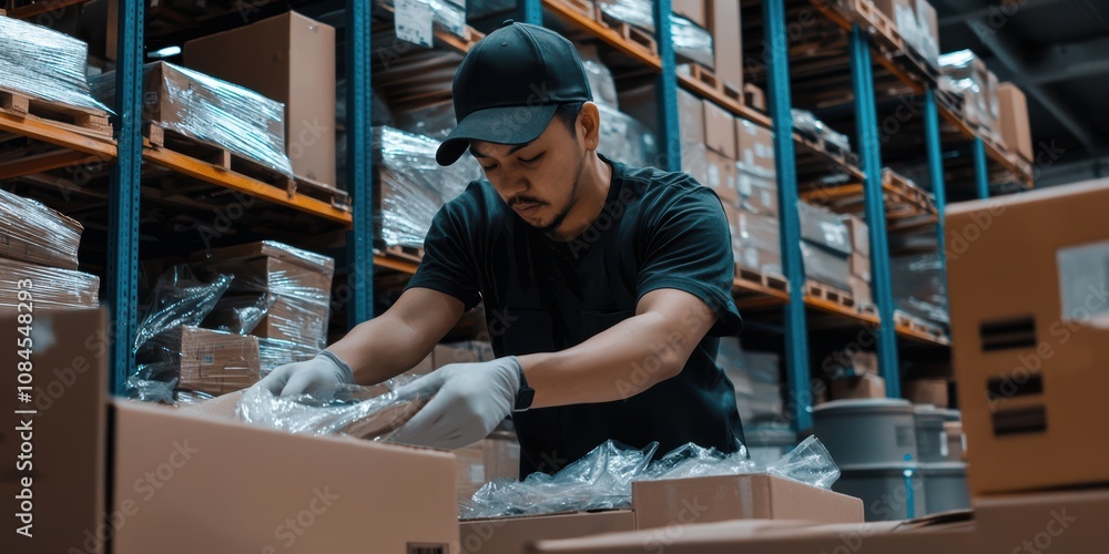 Poster logistics worker handling fragile items carefully inside warehouse industrial environment close-up v