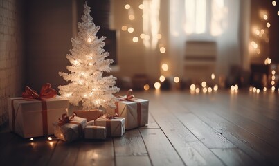 A white Christmas tree is in front of a pile of presents
