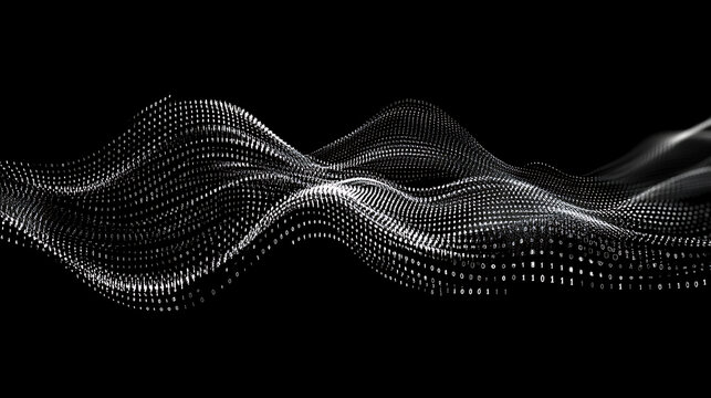 A black background with binary code waves, representing the flow of data and technology in digital marketing