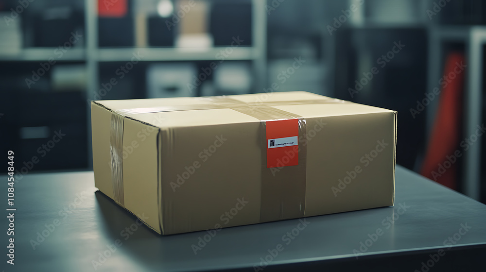 Aufkleber a cardboard package sealed with tape and prominently displaying an fast sticker, indicating urgent s