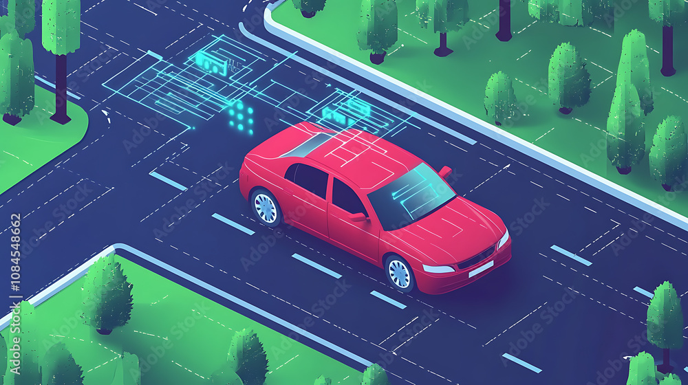 Poster a smart car with remote sensing and road scanning systems is illustrated, driving autonomously on th