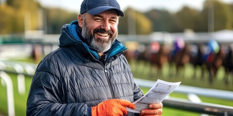 Exciting horse race betting action a man placing a bet at the racecourse outdoor setting dynamic perspective