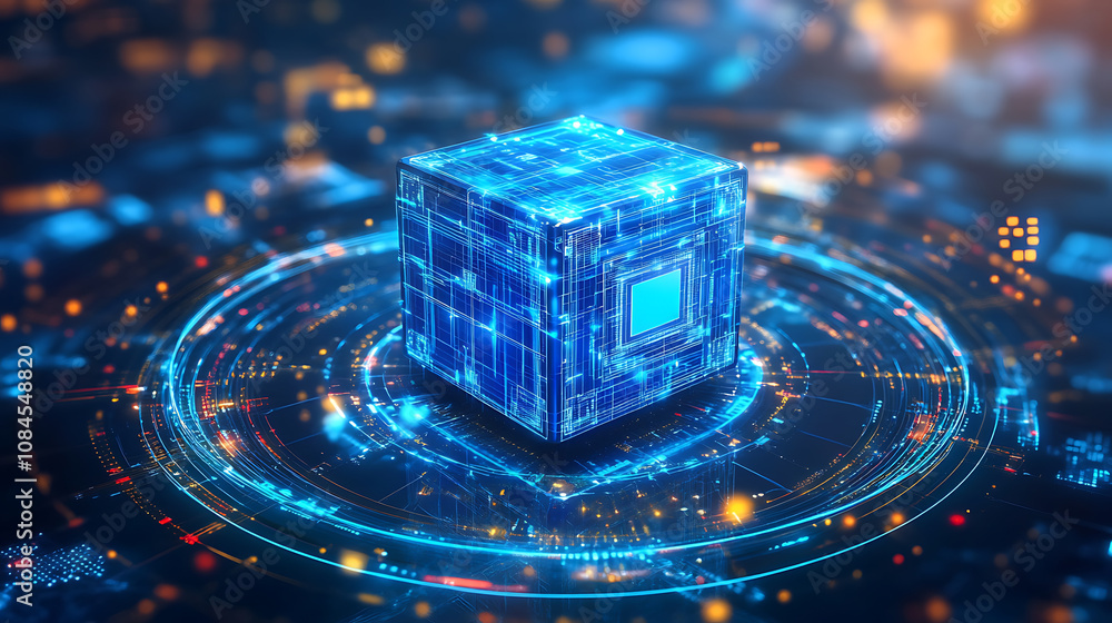 Aufkleber A blue cube with data and circuit lines floating in the center of an abstract circle, surrounded by light effects