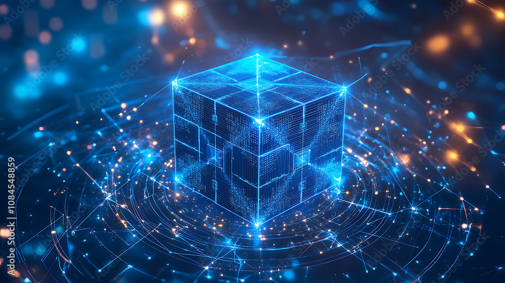 Poster a blue cube with data and circuit lines floating in the center of an abstract circle, surrounded by 